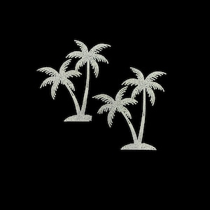 May include: Four palm tree designs, each made up of small, light-coloured dots, are set against a solid black background. The trees vary in size and orientation, creating a dynamic tropical scene. The overall effect is a sparkling, textured design.