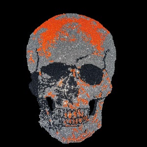 Orange Rhinestone Skull Iron On Patch: Bling Skeleton Design (14” x 9”)