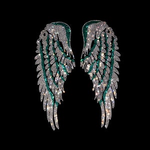 Puede incluir: Un par de alas de ángel hechas de diamantes de imitación, con un esquema de color verde y plateado.