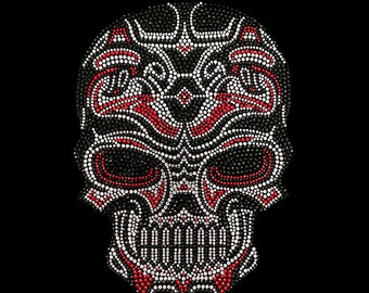 Rhinestone Skull Heat Transfer, Bling Skeleton Patch (10x7) iron on skeleton head design