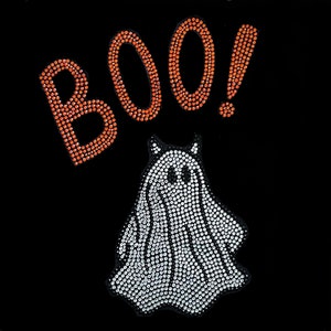 May include: A black background with an orange rhinestone "BOO!" above a white rhinestone ghost.