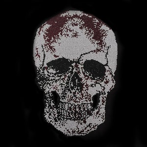 May include: A detailed skull design, rendered in a mosaic style, dominates the image. The skull is primarily white with accents of dark red and black, set against a stark black background. The mosaic effect gives the skull a textured appearance.