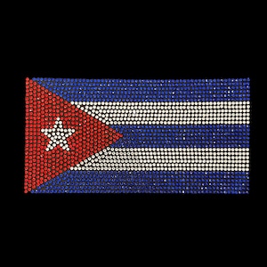 May include: A Cuban flag made of blue, white, and red rhinestones. The flag features a white star in the red triangle.