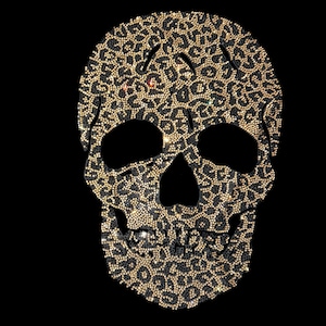 Leopard skull iron on rhinestone motif for clothes , heat transfer skull decal for custom shirts , skeleton head iron on patches 13” x9”