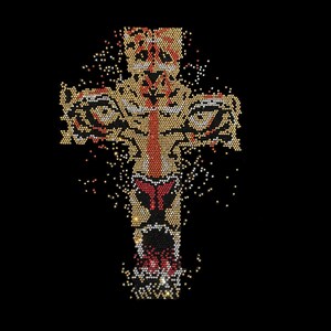 May include: A jeweled cross design featuring a tiger's face, rendered in gold, red, and white rhinestones. The cross is set against a black background, with scattered rhinestones adding a sparkling effect. The tiger's eyes and mouth are clearly defined.
