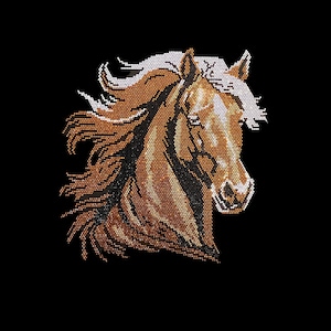 May include: A close-up of a brown and white horse's head with a flowing mane. The horse is made of beads and is set against a black background.