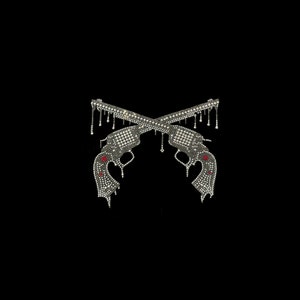 May include: Two silver-toned pistols crossed over each other, with rhinestones covering the entire surface. The pistols are dripping with rhinestones, creating a dripping effect.