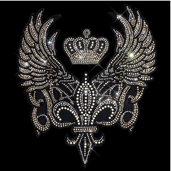 Gold Fleur De Lis Iron on Rhinestone Design, hot fix fleur de lis patch , hot fix rhinestone, clothing decal transfer , press machine design