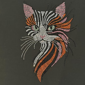 Puede incluir: Un fondo negro presenta una cara de gato de pedrería. La cara del gato está hecha de pedrería blanca, negra, naranja y rosa. El gato tiene ojos verdes y largos bigotes de pedrería.