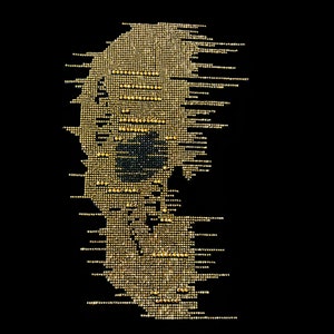 May include: A black background with a gold design of a skull made of small, round, shiny beads.