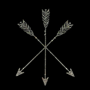 May include: A symmetrical design of four arrows, each composed of small, round, silver-colored beads, radiating from a central point against a solid black background. The arrowheads point outwards, creating a star-like pattern.