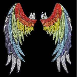 Puede incluir: Un par de alas de colores arcoíris hechas de pedrería. Las alas son un diseño popular para ropa y accesorios.
