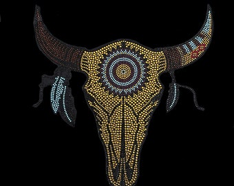 Rhinestone Buffalo Skull Iron-On Transfer: Bling Heat Transfer Patch