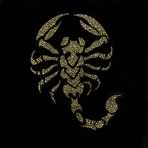 May include: A gold scorpion silhouette made of small, round, shiny beads on a black background.