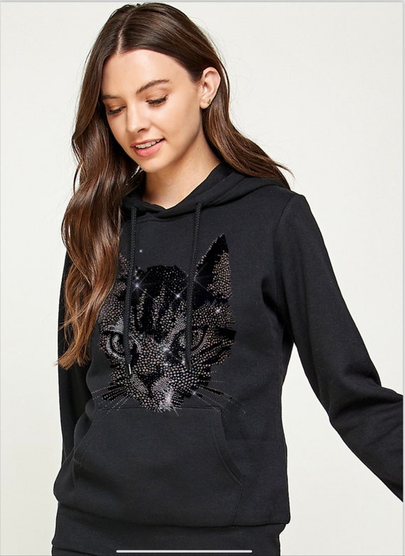 Strass Katze Applikation Schwarzer Hoodie: Benutzerdefinierte