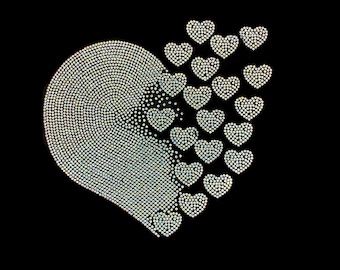 Heart crystal rhinestone iron in heat transfer bling applique patch , hot fix Crystal heart motif design , bling rhinestone decal