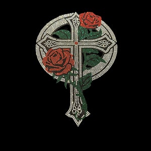 May include: A white rhinestone cross with red and green rhinestones forming roses and leaves.