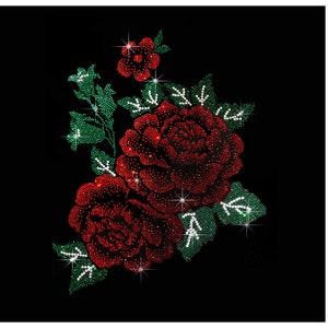Red Flower Rhinestone Iron on Patch, Bling Applique for Custom Clothing, Floral Crystal Heat Transfer, Sparkly DIY Shirt Decor 12” x 9”