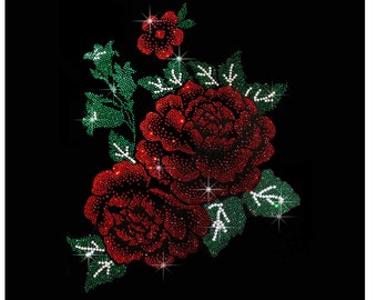 Red Flower Rhinestone Iron on Patch, Bling Applique for Custom Clothing, Floral Crystal Heat Transfer, Sparkly DIY Shirt Decor 12” x 9”