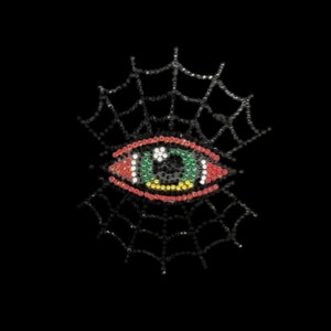 May include: A black and white image of a spider web with a red, green, and yellow eye in the center. The eye is made of rhinestones.