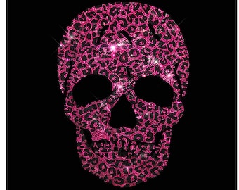 Pink Leopard Rhinestone Skull Iron on Transfer (13 x 9) heat transfer skeleton design