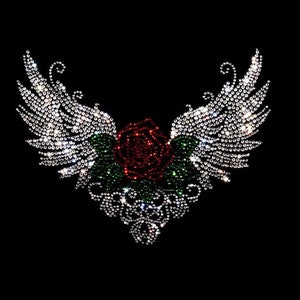 Rhinestone Rose Wing Iron-On Transfer, Heat Fix Applique (9" X 7")
