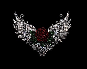 Rose wing iron on transfer , rhinestone wing appliqué , hot fix angel wing patch, rhinestone heat transfer angel wing design , bling wings