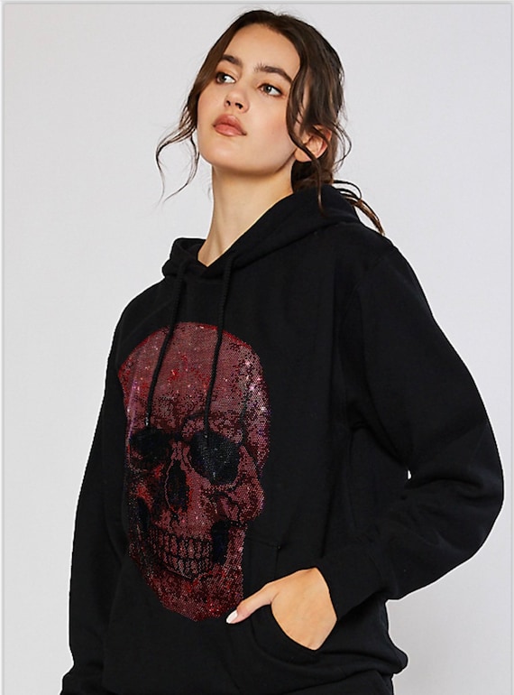Sudadera con capucha y calavera roja con diamantes de imitación