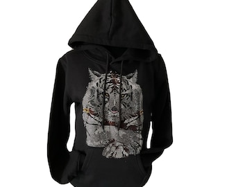Rhinestone Tiger Motif Custom Black Hoodie Rhinestone Bedazzle