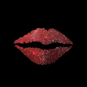 May include: Red lips made of sparkling rhinestones on a black background.