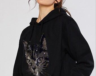 Crystal Cat Applique on Black Hoodie , Custom Rhinestone