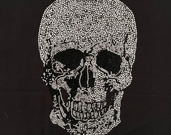 Pearl skull iron on rhinestone design / hot fix skull applique / skull heat transfer design / sparkle skull patch / bling bling skull 11 x 7