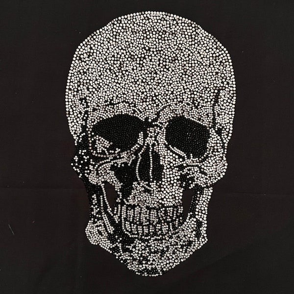 Pearl skull iron on rhinestone design / hot fix skull applique / skull heat transfer design / sparkle skull patch / bling bling skull 11 x 7