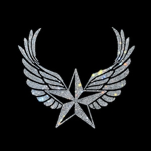 May include: A silver five-pointed star with wings made of rhinestones. The star and wings are on a black background.