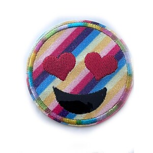Smiley face red heart eyes , multi colored iron on embroidery patch , heat transfer embroidery appliques, gift for him and her