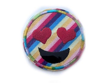 Heart Eyes Smiley Face Sew On Patch: Multi-Colored Embroidery Applique