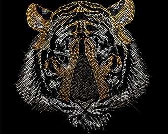 Tiger head heat transfer , iron on tiger patch , rhinestone tiger appliqué, Crystal tiger head patch , bling tiger head motif