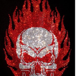 Flaming Skull Rhinestone Iron on Transfer – Blazing Hot Fix Skeleton Motif for Custom Clothing, Jackets, T-Shirts, and DIY Fashion