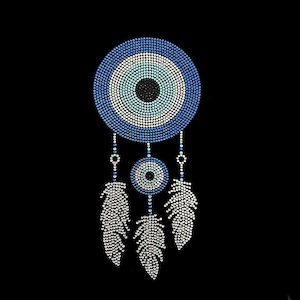 Evil eye feather rhinestone design, hot fix evil eye decal , heat transfer evil eye , Evil eye Rhinestone Iron on Crystal applique 9” x 4”