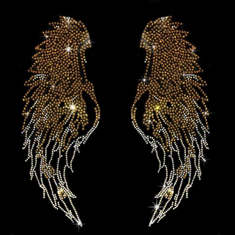 Fallen Angel Rhinestone Crystal Angel Wings Rhinestone Iron on Patches Bling Heat Transfer Gold ...