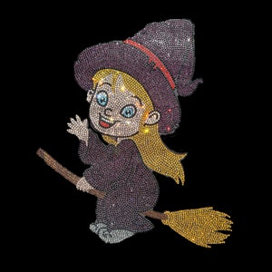 Little witch iron on rhinestone patch for shirts and hoodies , hot fix crystal rhinestone designs for diy custom clothes