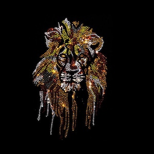 Wild lion iron on transfer , heat transfer crystal animal patches , hot fix lion head applique  11.5 x 9
