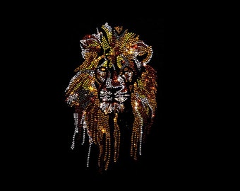 Wild lion iron on transfer , heat transfer crystal animal patches , hot fix lion head applique  11.5 x 9