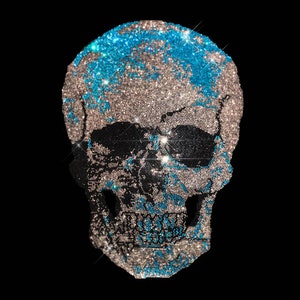 May include: A skull made of rhinestones, with a blue and silver colour scheme. The skull is a popular motif in art and design.