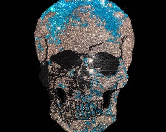 Turquoise Rhinestone Skull Iron On Patch, Heat Transfer skeleton applique  (14 x 9)