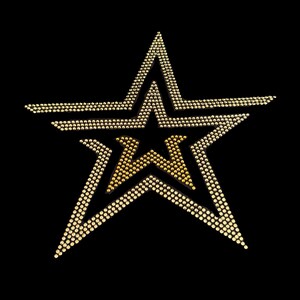 Puede incluir: Un diseño de estrella dorada sobre un fondo negro. La estrella está compuesta por pequeños adornos redondos de color dorado, creando un efecto brillante. El diseño incluye la letra "W" en el centro.