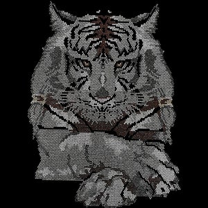 Puede incluir: Un tigre blanco con rayas negras se representa en un estilo de mosaico. El tigre está sentado con la cabeza hacia abajo y las patas cruzadas. La imagen está compuesta por pequeños puntos blancos.