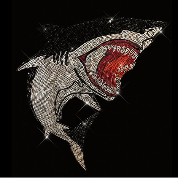 Big shark patch , iron on rhinestone shark , heat transfer shark applique , sparkle shark patch , ocean patches , rhinestone hot fix