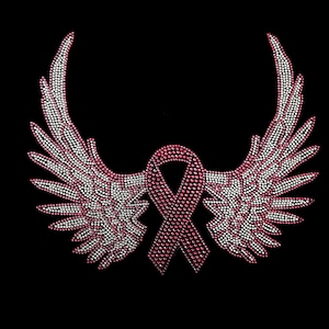 May include: Pink ribbon made of rhinestones with white rhinestone wings on a black background.