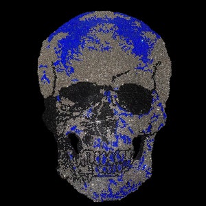 Skull Rhinestone Iron on patches , heat transfer bling designs , bling applique (16”H x 9”W), hot fix bling blue rhinestone skeleton